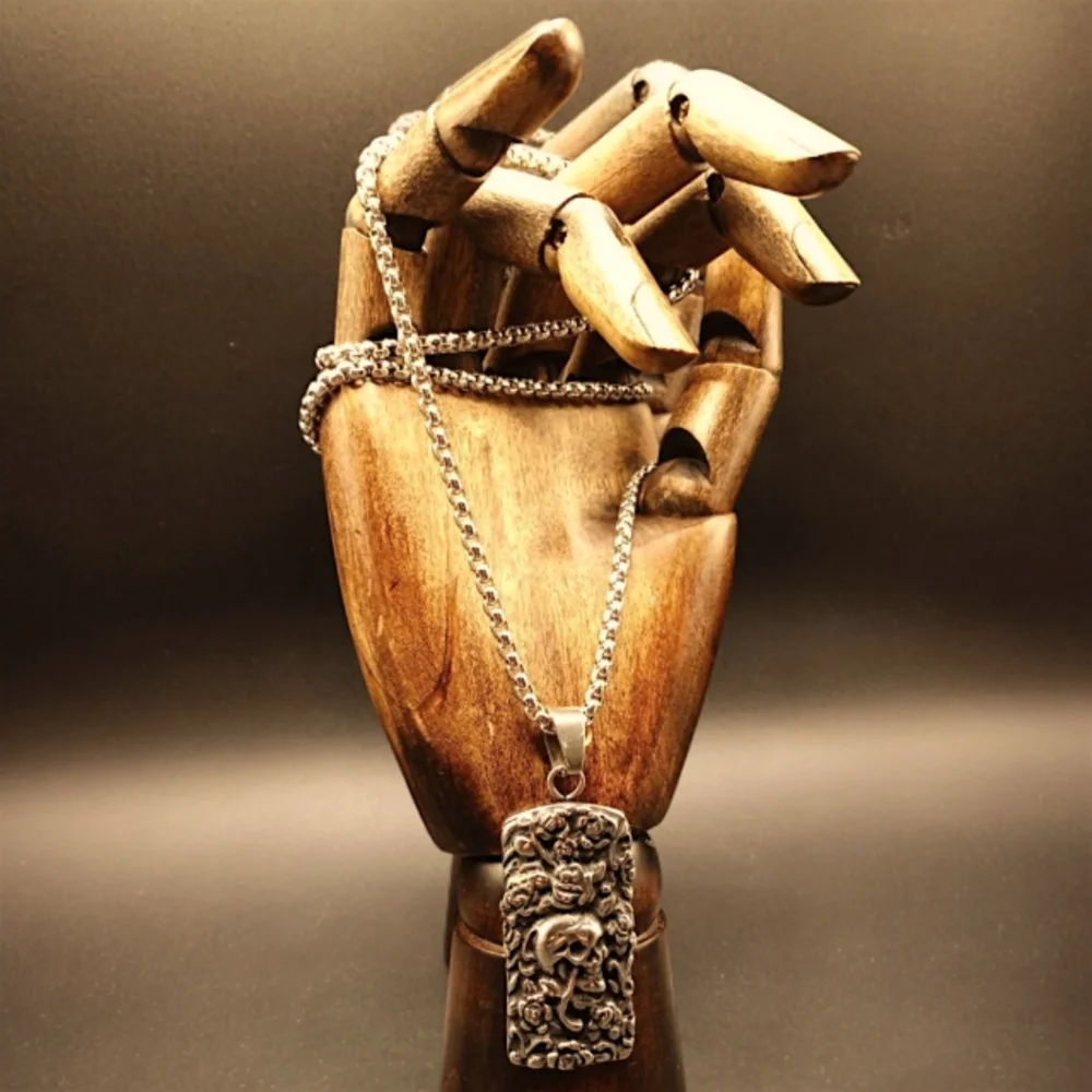 Skull Pendant Necklace in Black Oxidized and Stainless Steel ~ 24 Inches